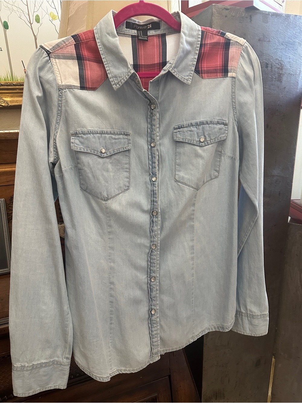 Forever 21 Light Blue Denim Button-Down Shirt with Pink Plaid Yoke